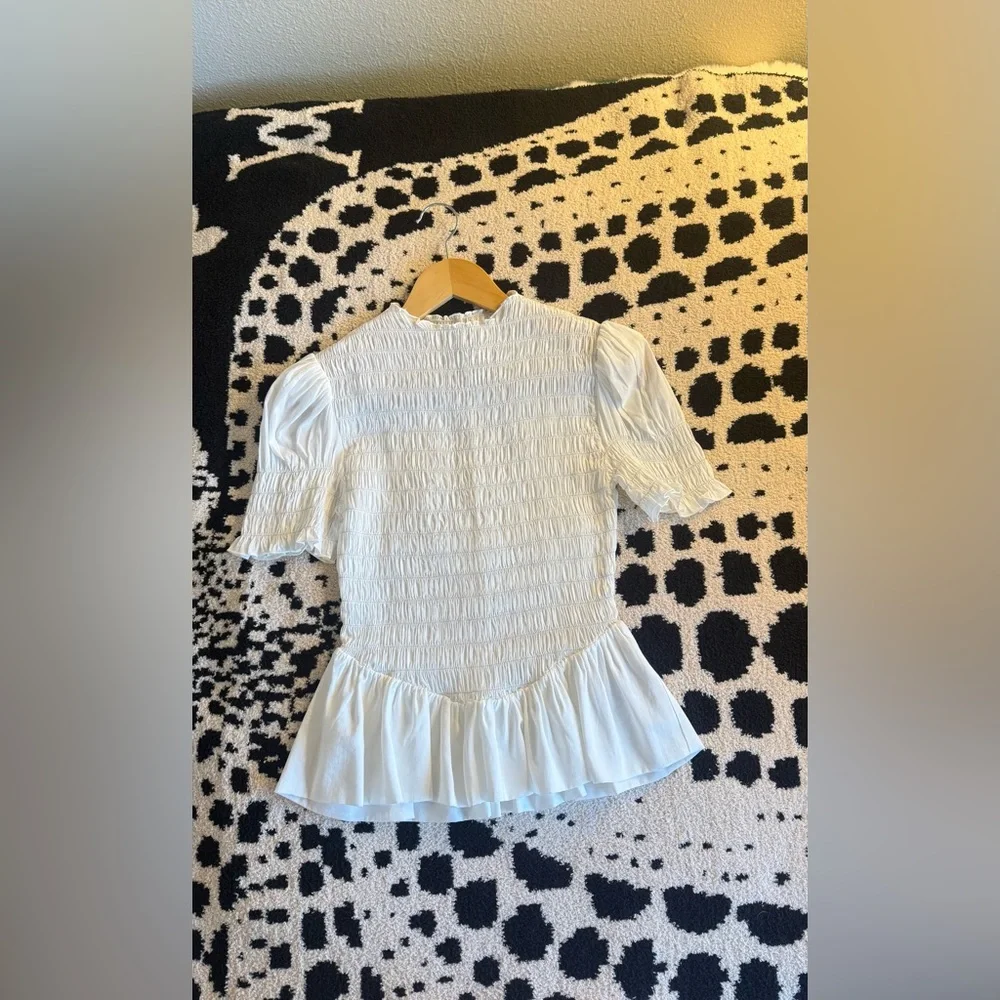 Reformation White Smocked Peplum Puff Sleeve Top